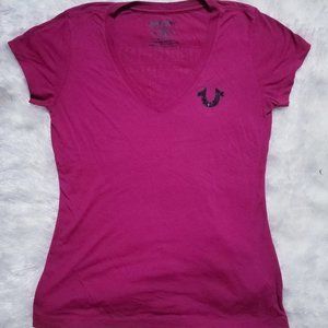 True Religion Magenta & Bling V Neck T Shirt NWOT
